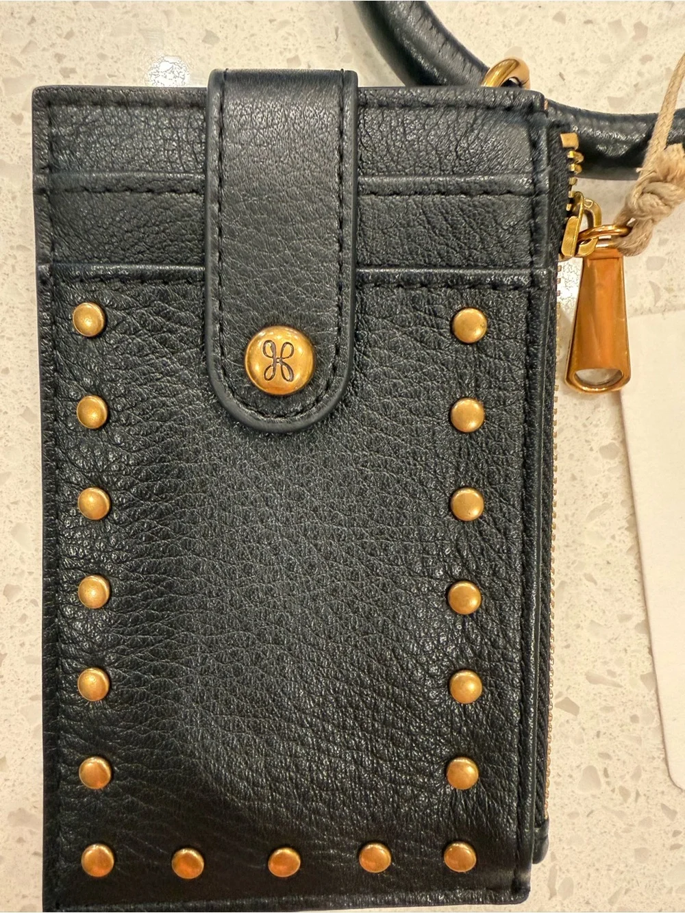 HOBO Black Leather Wristlet Card Case Coin with Gold Stud Accents